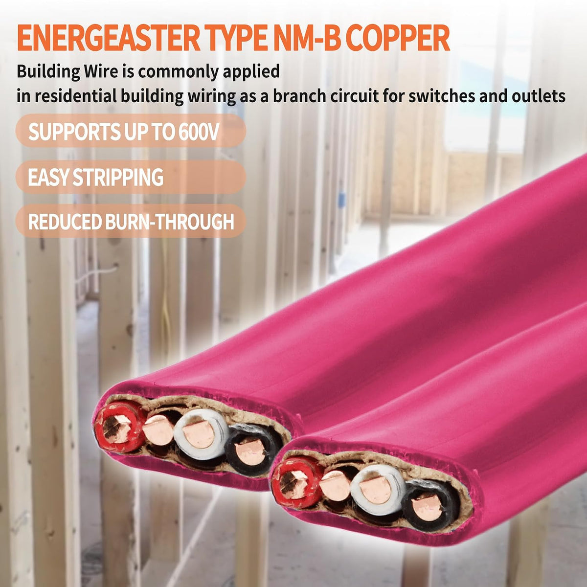 Energeaster Solid Indoor 10/3 NM-B Copper Cable with Ground 25FT, Pink