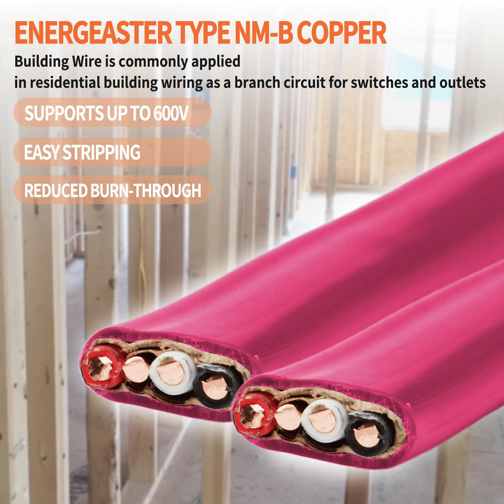 Energeaster Solid Indoor 10/3 NM-B Copper Cable with Ground 50FT, Pink