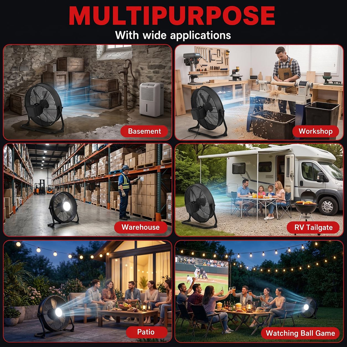 16" Battery Powered Floor Fan with LED Light Compatible with Milwaukee