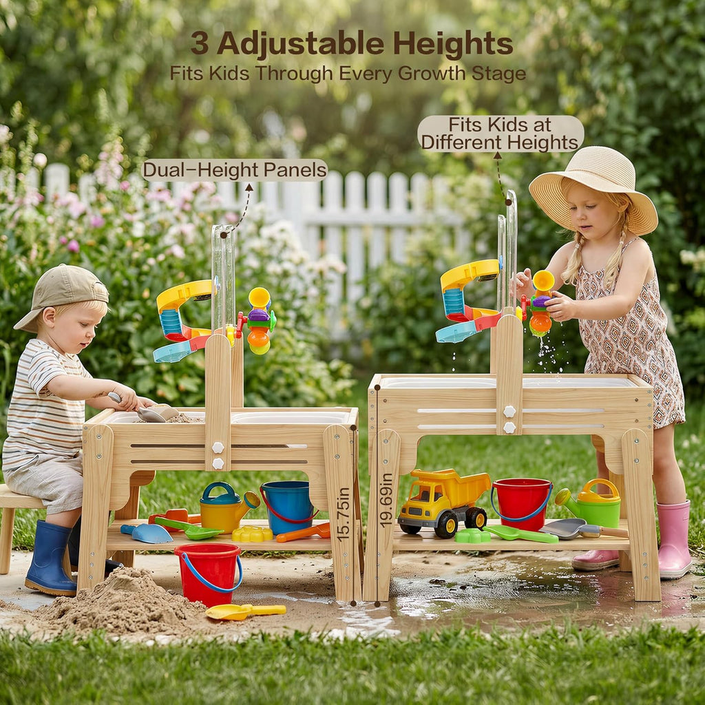 Water Table for Toddlers, Adjustable Height Wooden Sand and Water Table with 2 Collapsible Bins, Acrylic Activity
