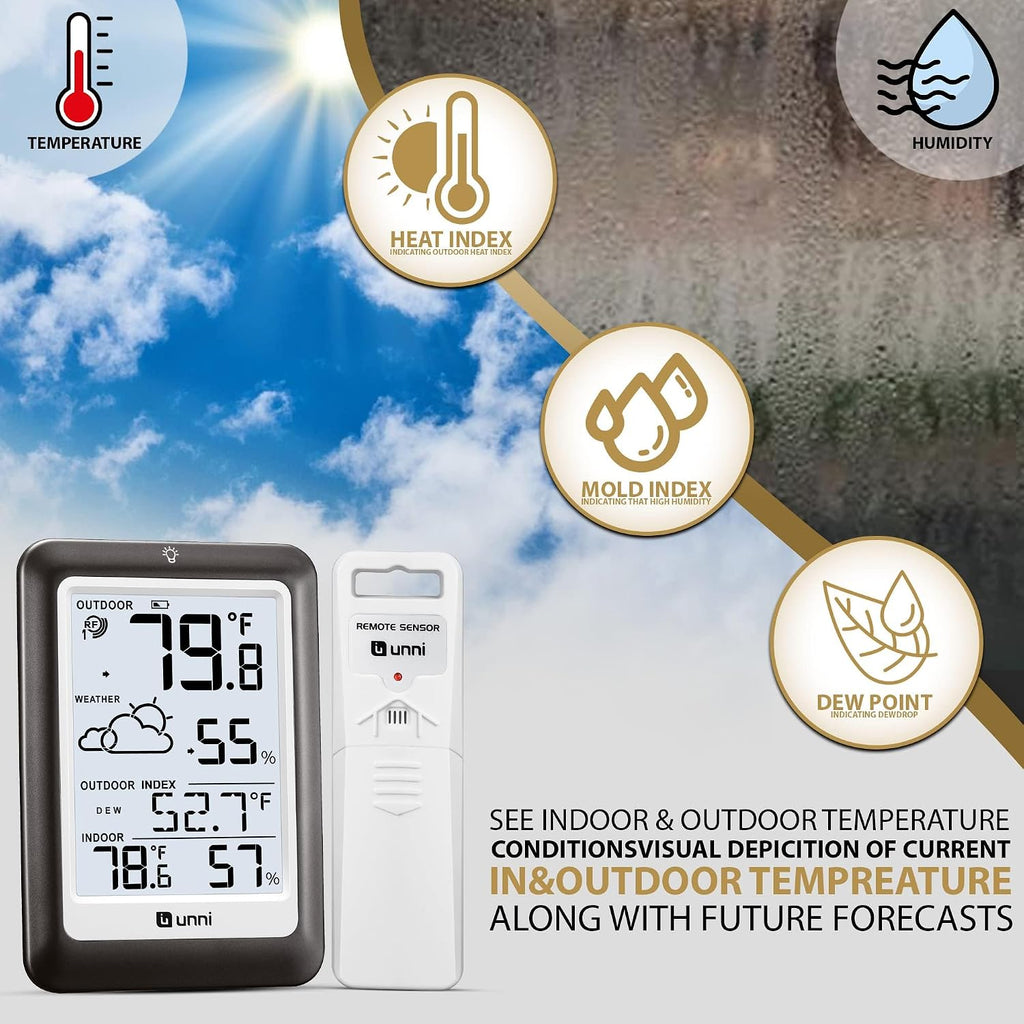 Indoor Outdoor Thermometer Wireless Weather Station, Temperature Humidity Monitor Battery Powered Inside Outside