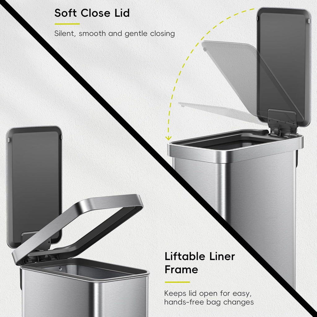 Hudson Slim 50L / 13.2 Gallon Kitchen Trash Can with Lid, Stainless Steel Step Garbage Can for Kitchen or Home
