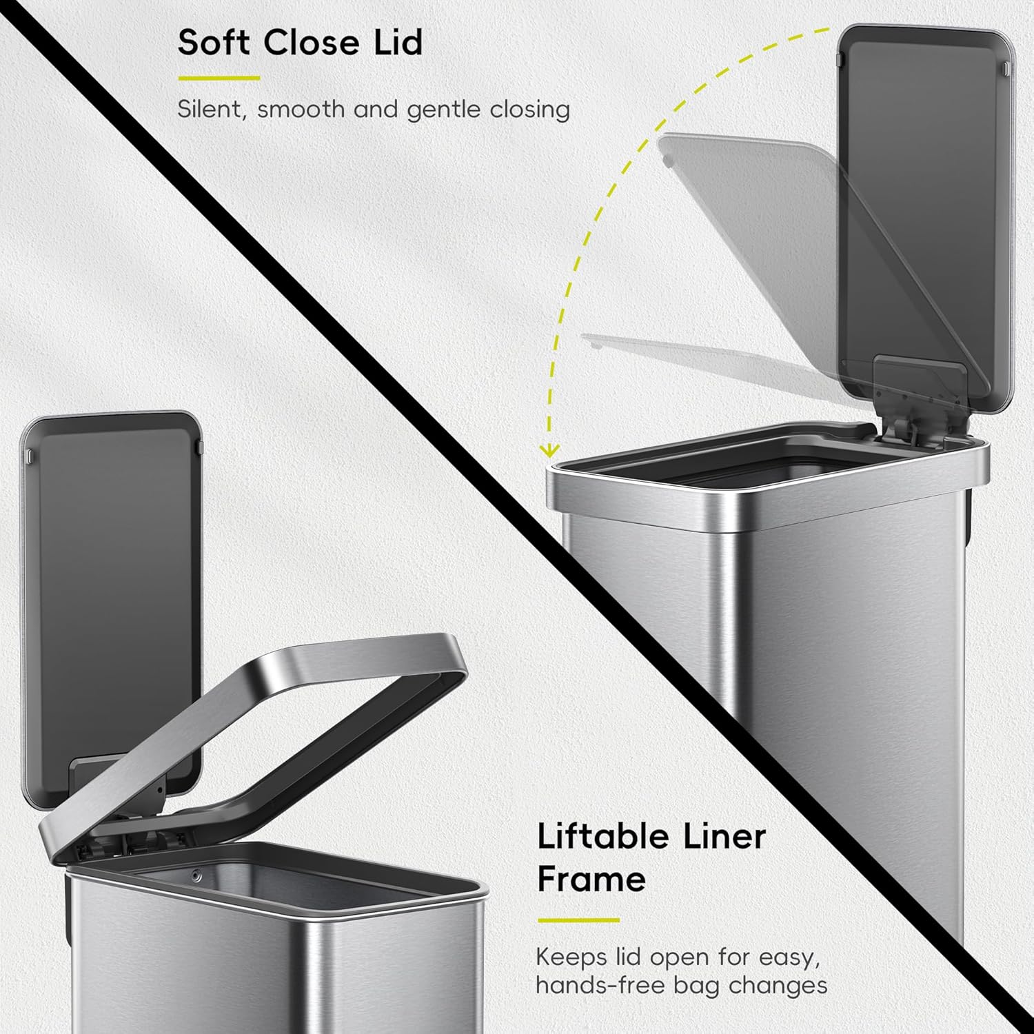 Hudson Slim 50L / 13.2 Gallon Kitchen Trash Can with Lid, Stainless Steel Step Garbage Can for Kitchen or Home