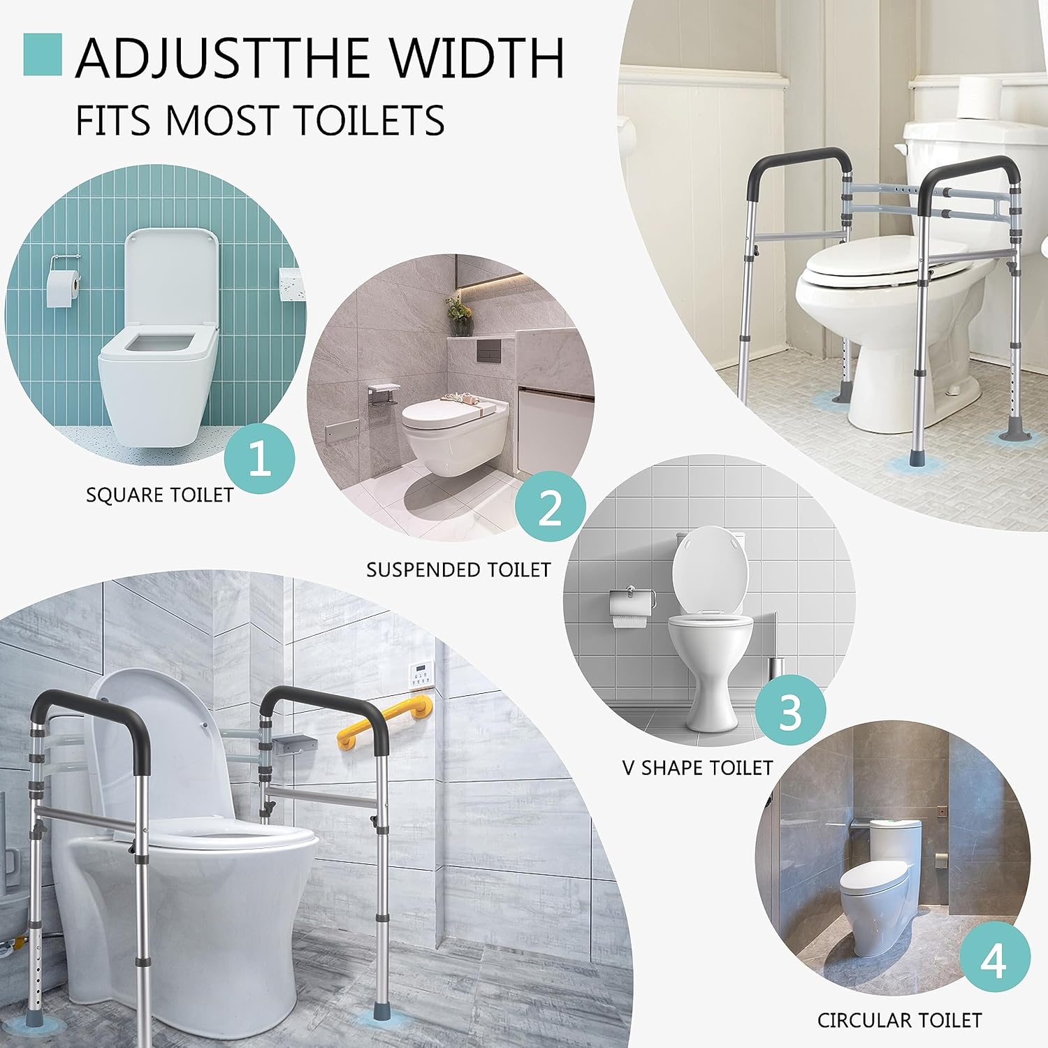 Toilet Safety Rails (350 lb), Adjustable Toilet Frame for Elderly, Seniors, Handicap & Disabled, Foldable Handicap