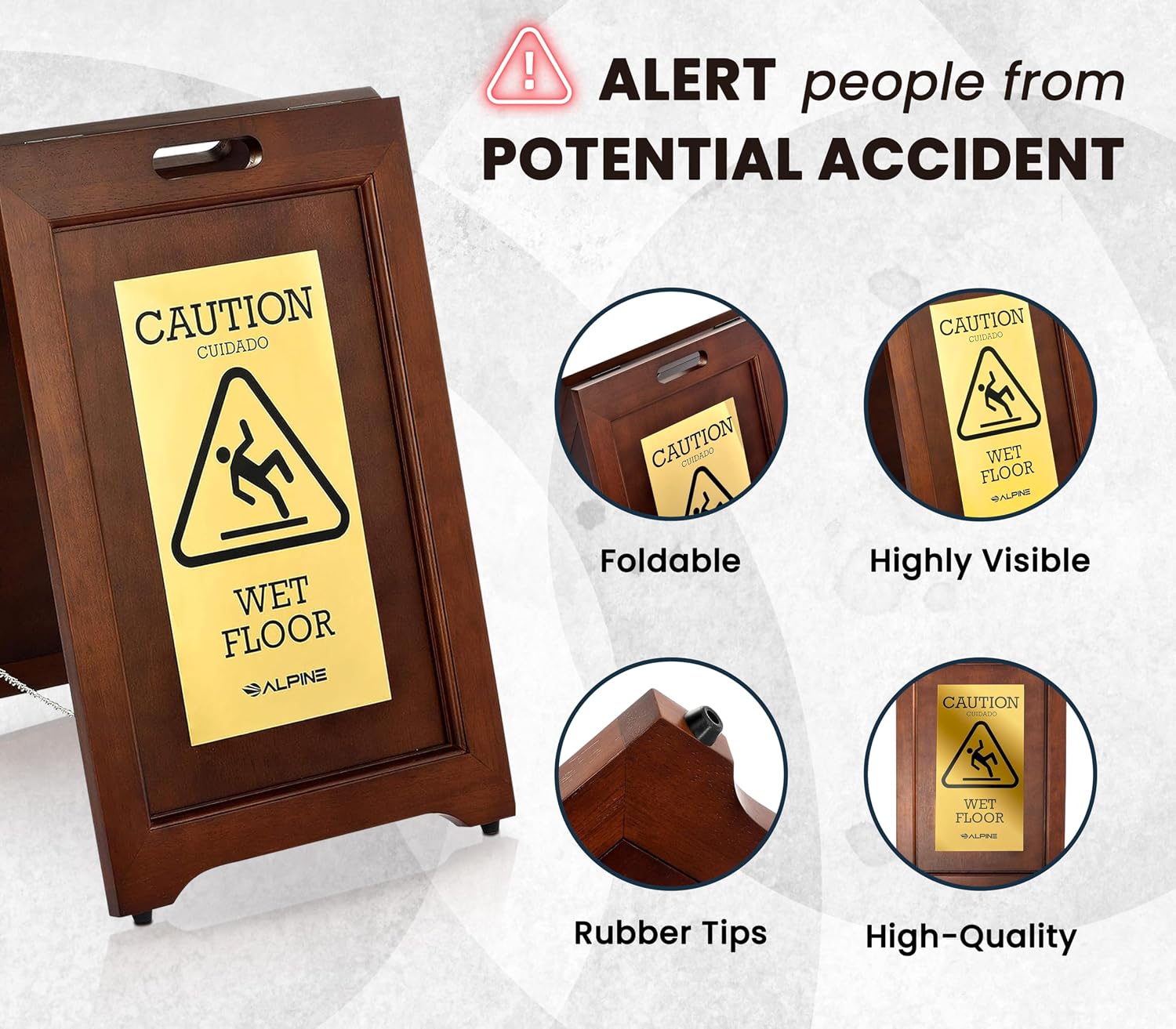 Wooden Caution Wet Floor Sign Slippery A-Frame with Bold Bilingual Safety Message, High-Grade Wood Finish