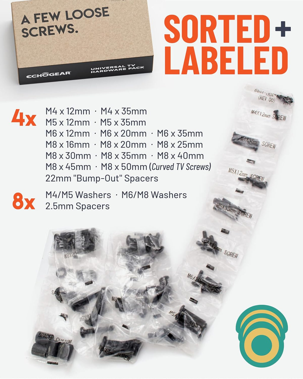 Universal TV Mount Hardware Pack - Replacement Hardware Mounting Kit for TVs up to 80" - Includes M4, M5, M6 & M8 Screws