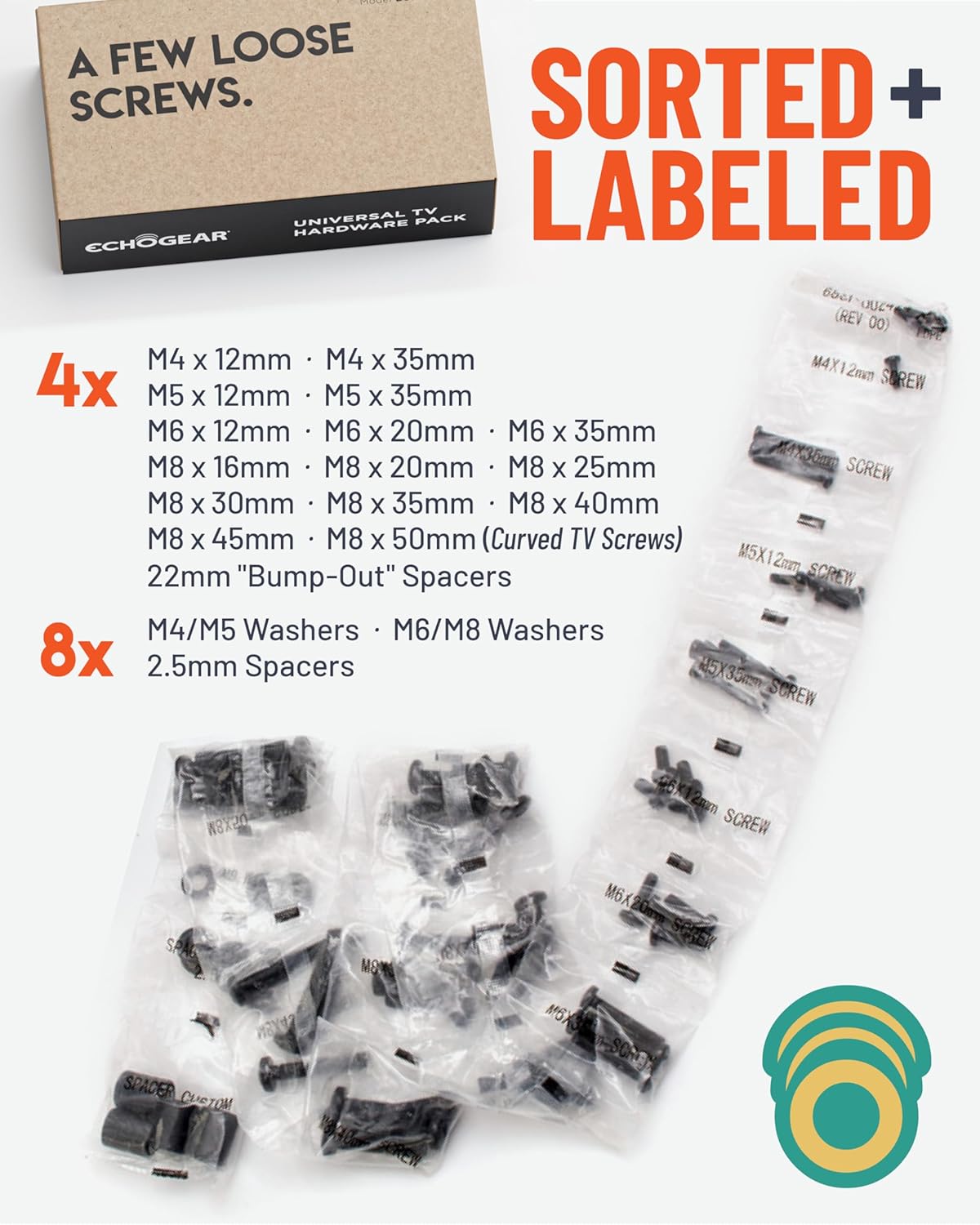 Universal TV Mount Hardware Pack - Replacement Hardware Mounting Kit for TVs up to 80" - Includes M4, M5, M6 & M8 Screws