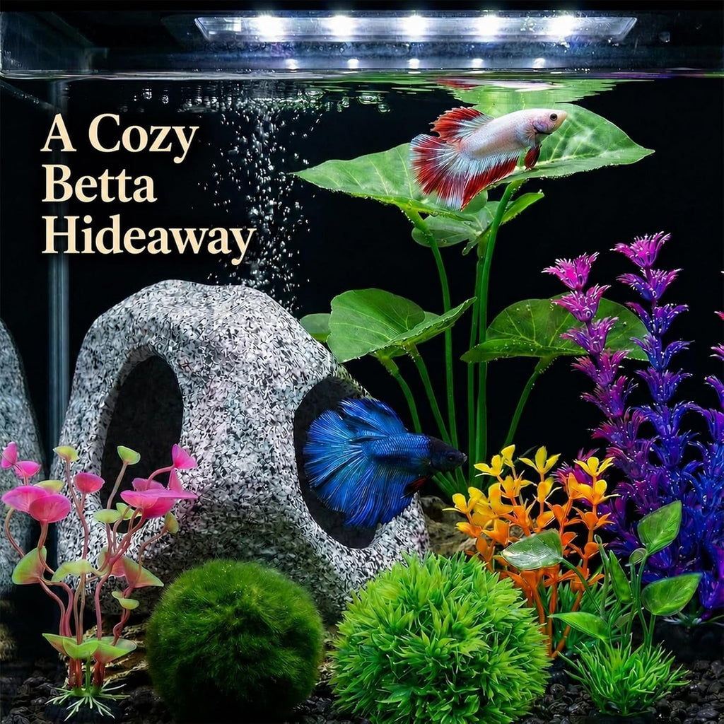 9 Fish Tank Decorations Set Aquarium Decor, Rock Cave Hideout, Artificial Aquarium Plants Plastic Betta Leaf Hammock