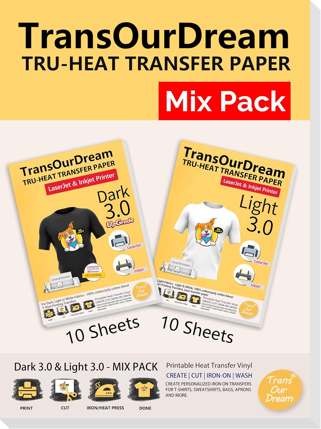 Iron on Heat Transfer Paper for Dark and Light T Shirts (10+10 Sheets, 8.5x11, Mix Pack) Printable HTV Heat Transfers