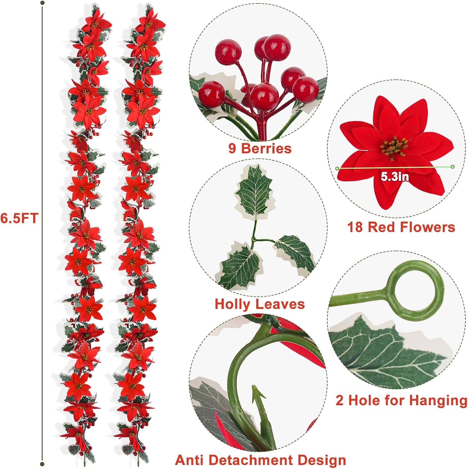 Christmas Garland, Artificial Red Flowers with Berries and Holly Leaves | Indoor Outdoor Garland