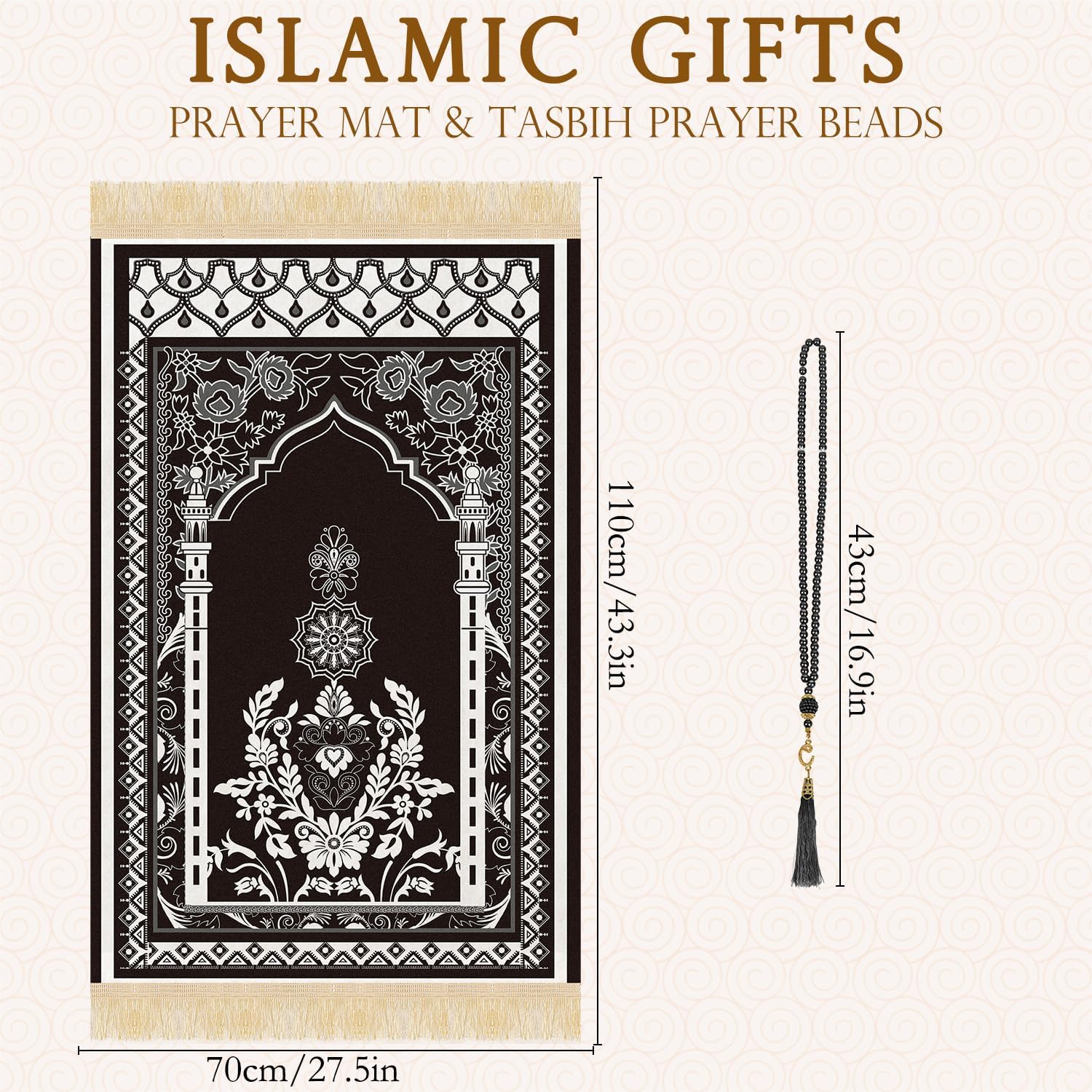 Prayer Mat Ramadan Gifts - Portable Black Prayer Rug Islamic Muslim Tasbih Beads, Praying Carpet for Islamic Man