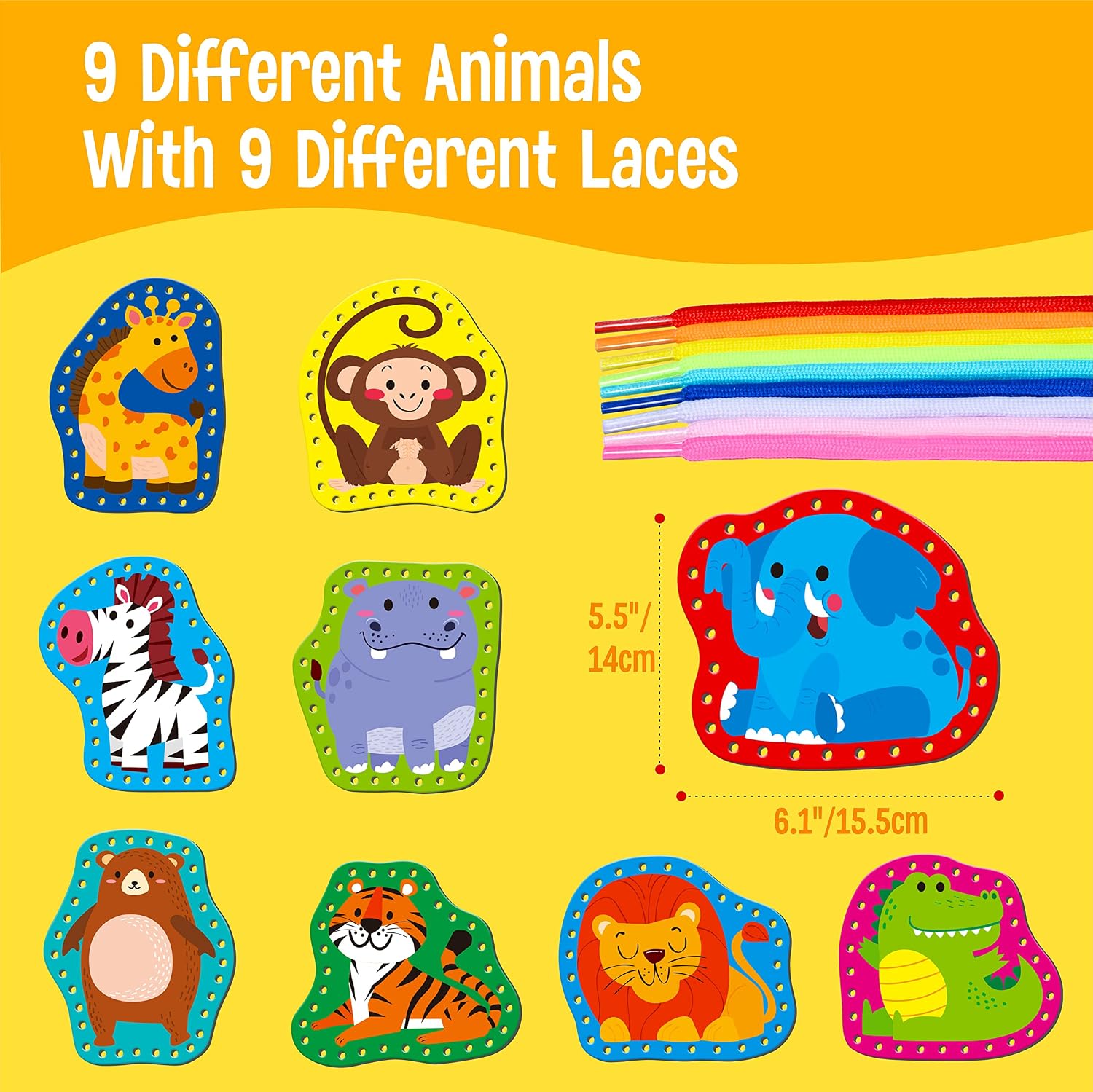 9 Pieces Kids Lacing Cards, Double Sided Sewing Cards in 9 Wild Animals with 9 Colorful Laces, Imagination