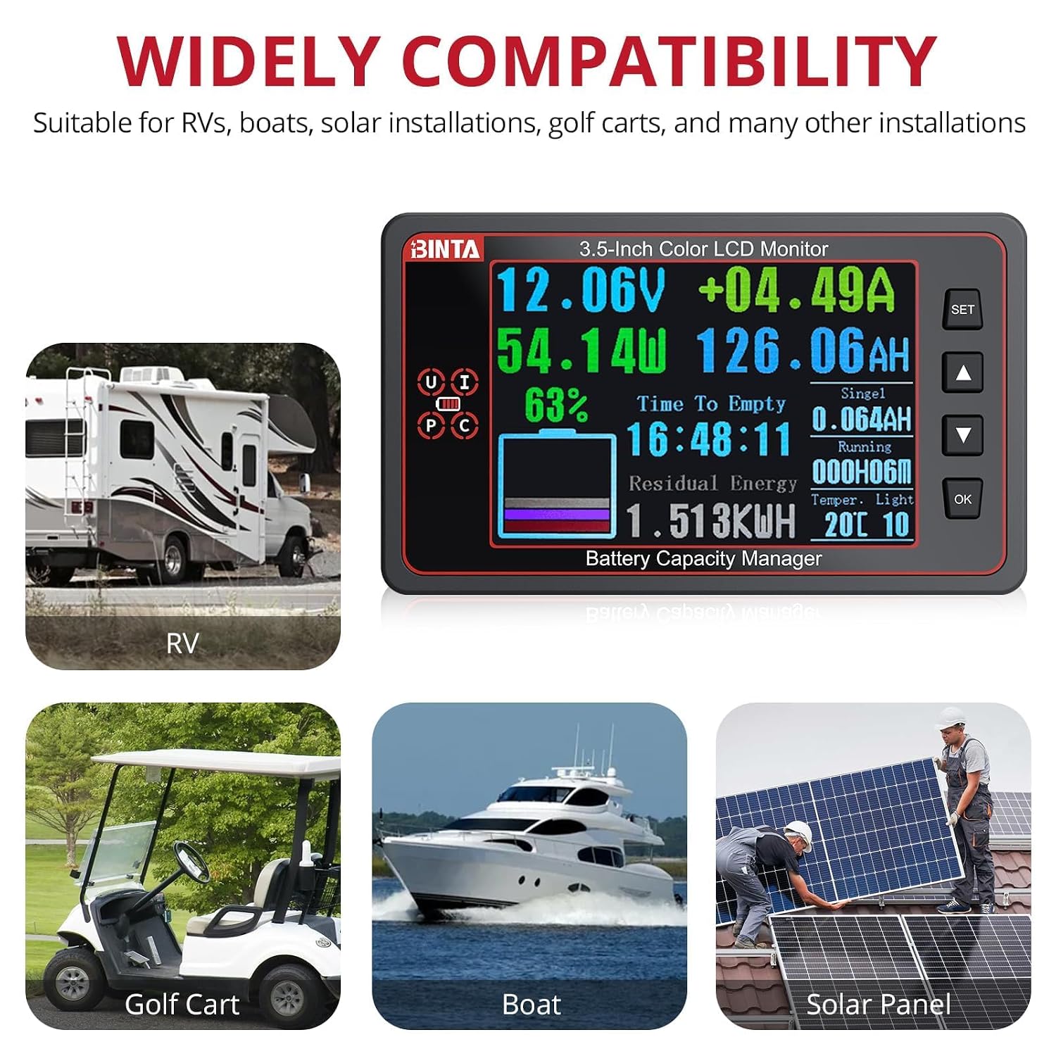 500A Battery Monitor with Shunt, 8-100V 3.5 Inch Color Screen