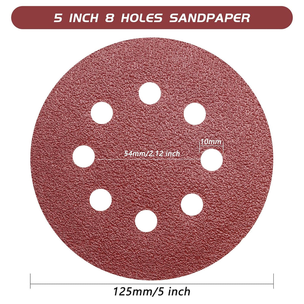 5 Inch 8 Hole Sanding Discs, 110PCS Mixed Grits Sandpaper Assortment | Aluminum Oxide, Hook and Loop Random Orbital