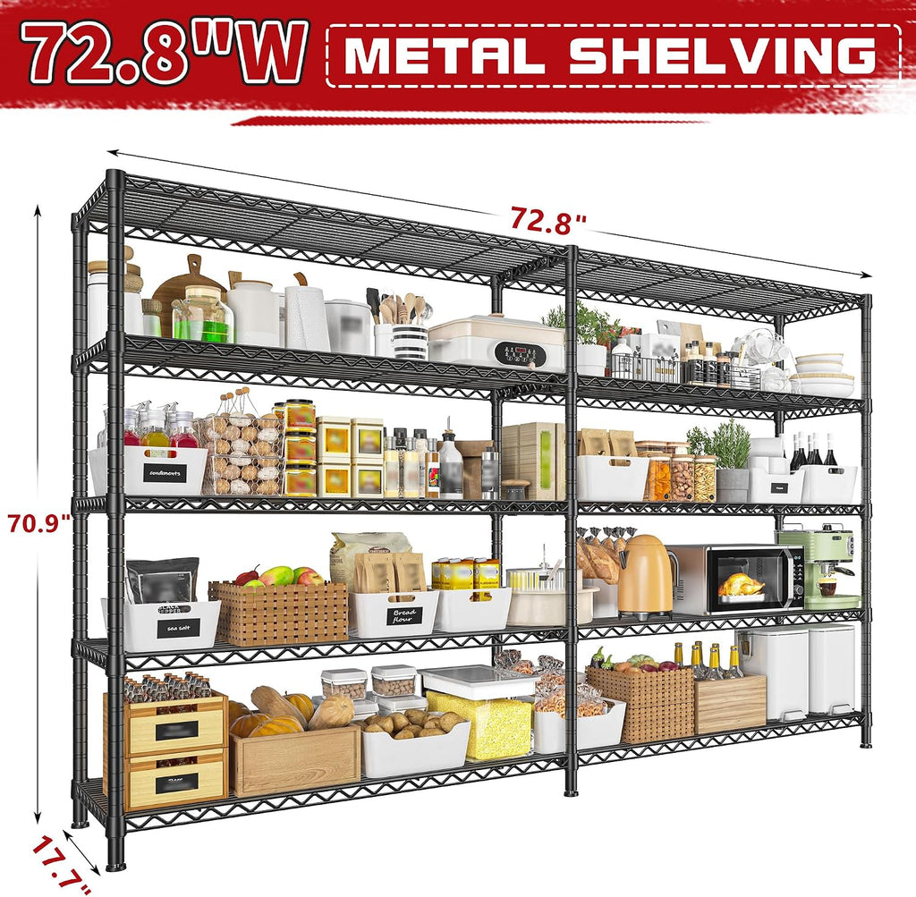 72.8" W Storage Shelves Load 1600LBS, 5 Tier Metal Shelving Unit