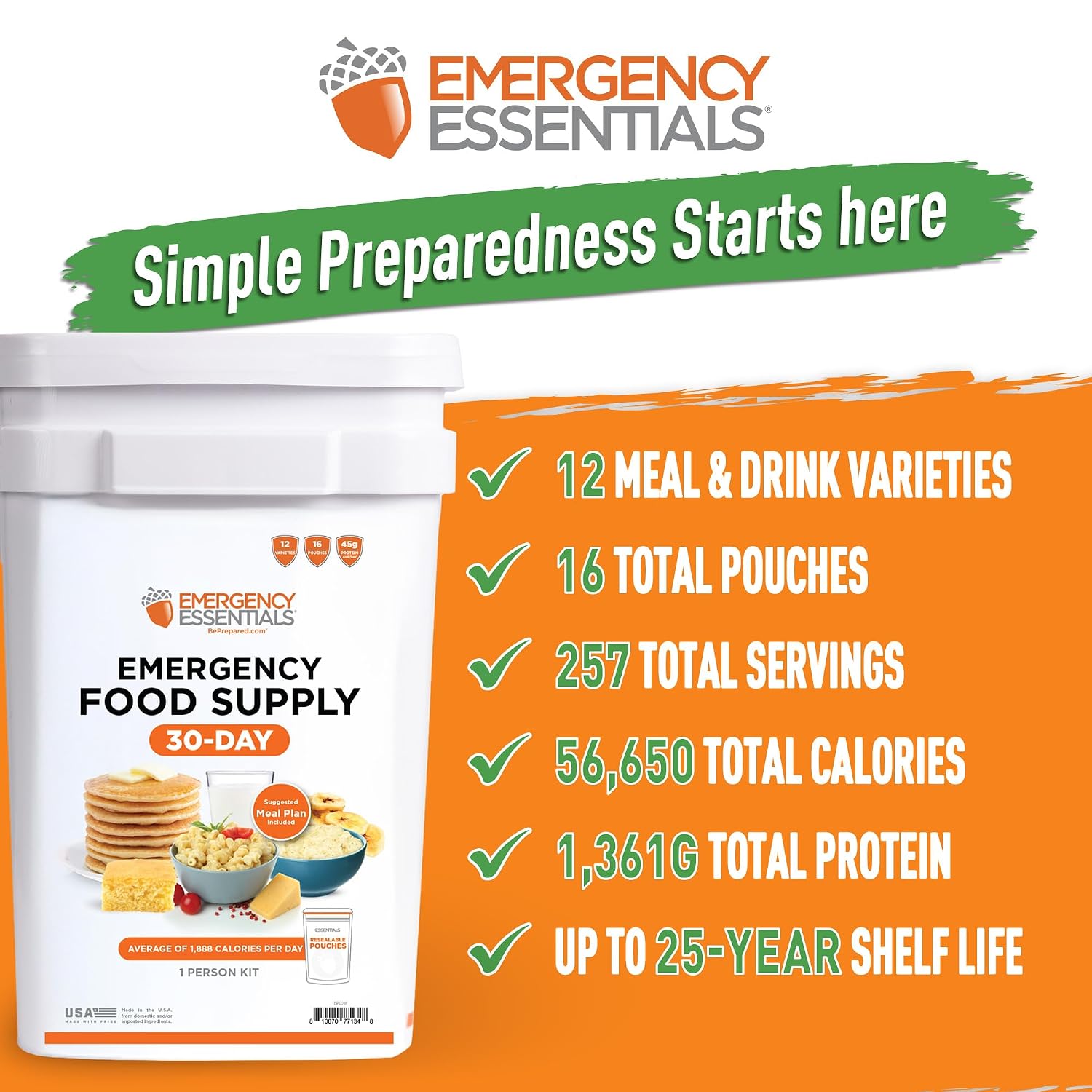 1-Month Emergency Food Supply Bucket, 257 Servings, 56,650 Calories | Long-Term Survival Food Kit for Disaster