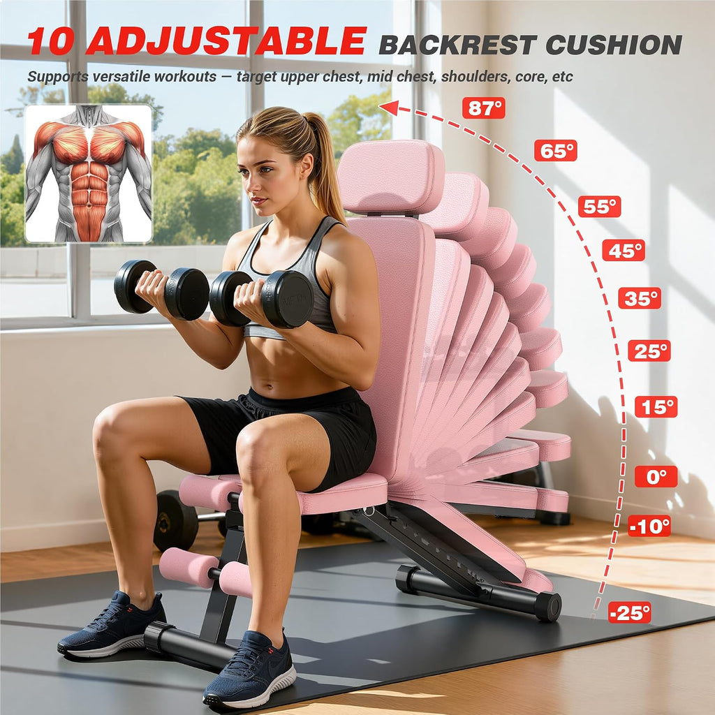 Workout Bench, 10 Backrests Adjustable Weight Bench with Extended Headrest, 800LBS Foldable Weight Bench for Home