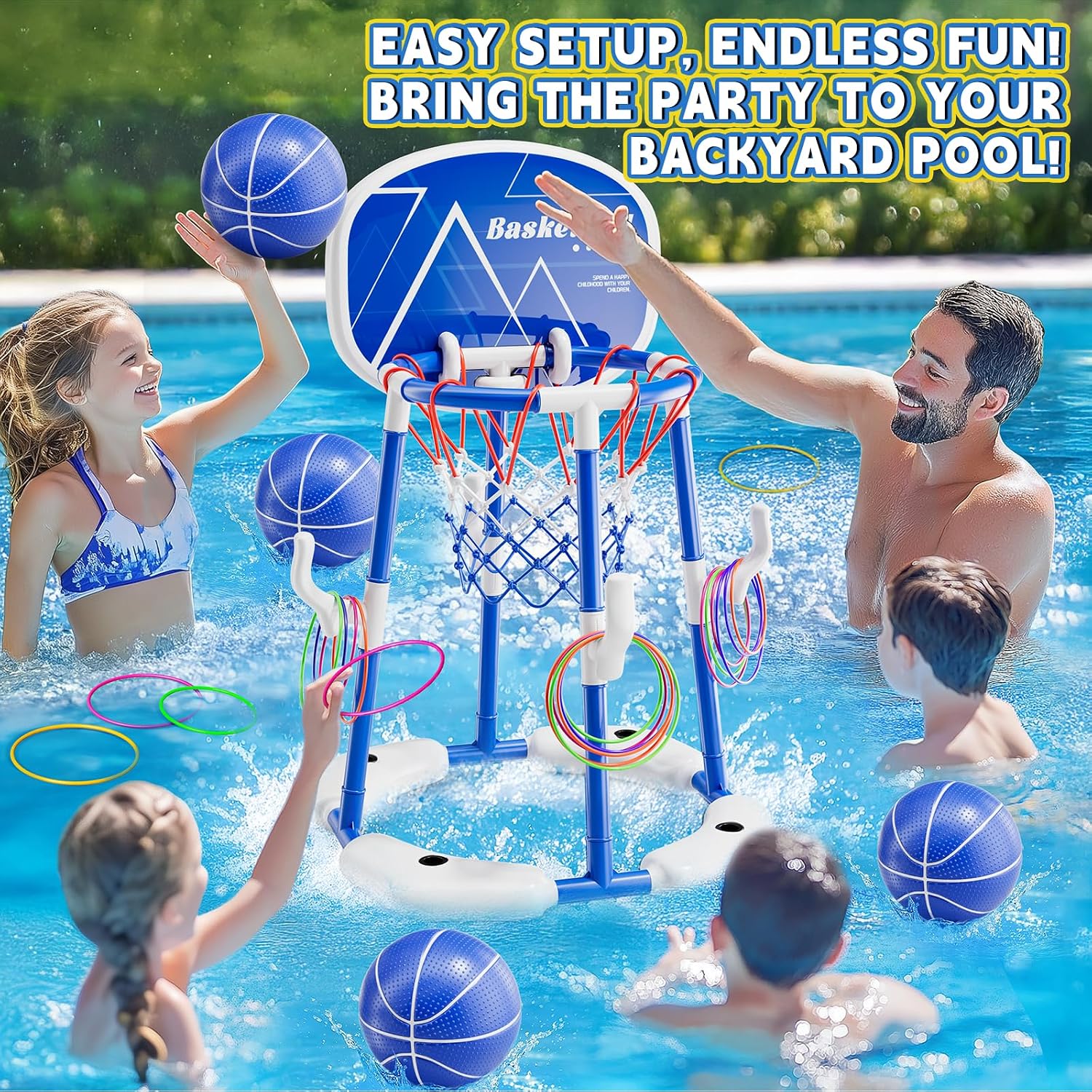 Pool Basketball Hoop for Kids Ages 4-8 & 8-12, 2-in-1 Floating Game Set with Backboard, Water-Fillable Base, 4 Balls