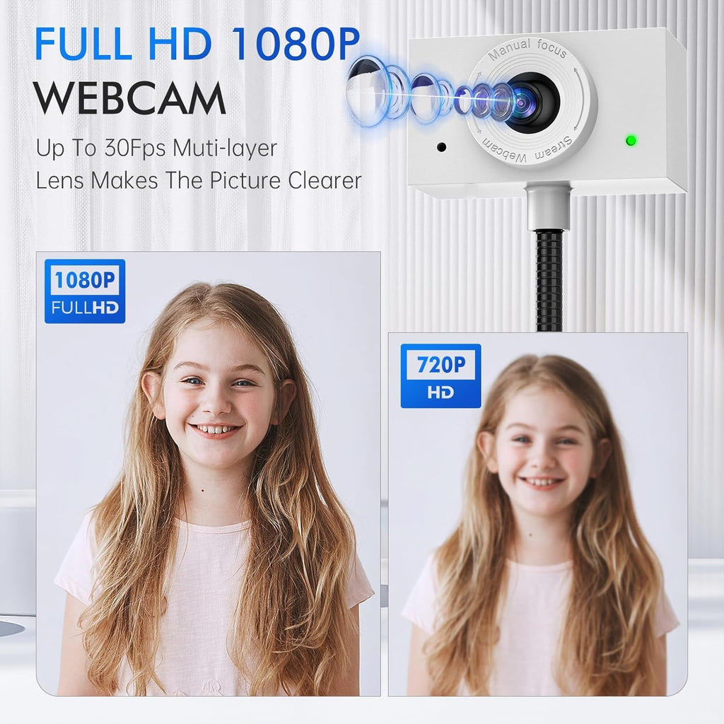 Webcam for PC, HD 1080P 30fps Laptop Camera USB with Adjustable Gooseneck, Full-Body View for Presentation Desktop