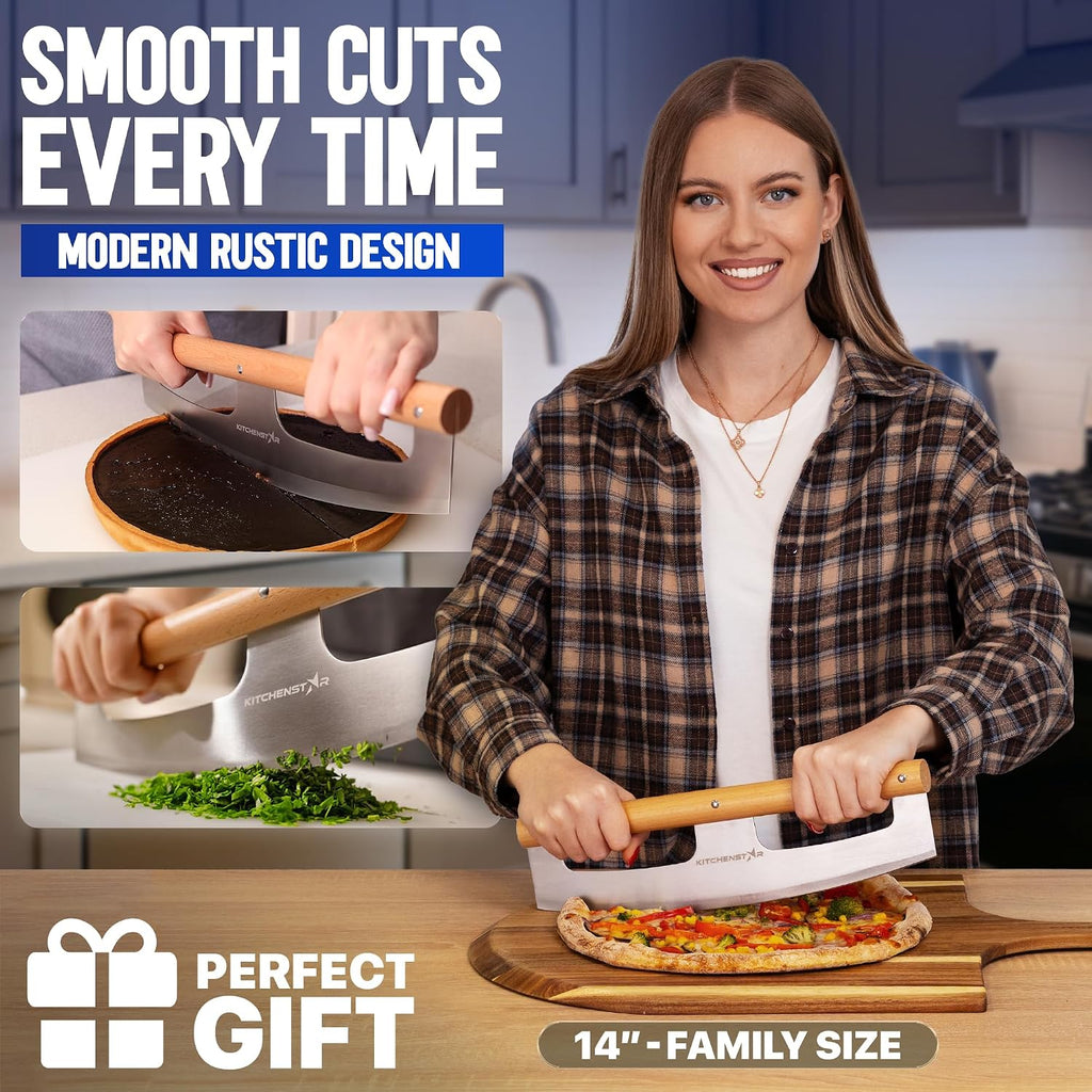 14-Inch Pizza Cutter Rocker Blade - Razor Sharp Stainless Steel Slicer Knife, Stylish Beech Wood Handle, Protective