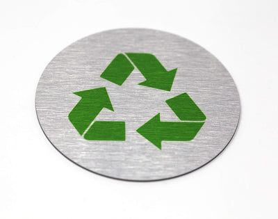 Metal Recycle Signs | Recycle Bin Marker | Metal Sign for Recycling Basket | 3" Round, Brushed Silver Aluminum with
