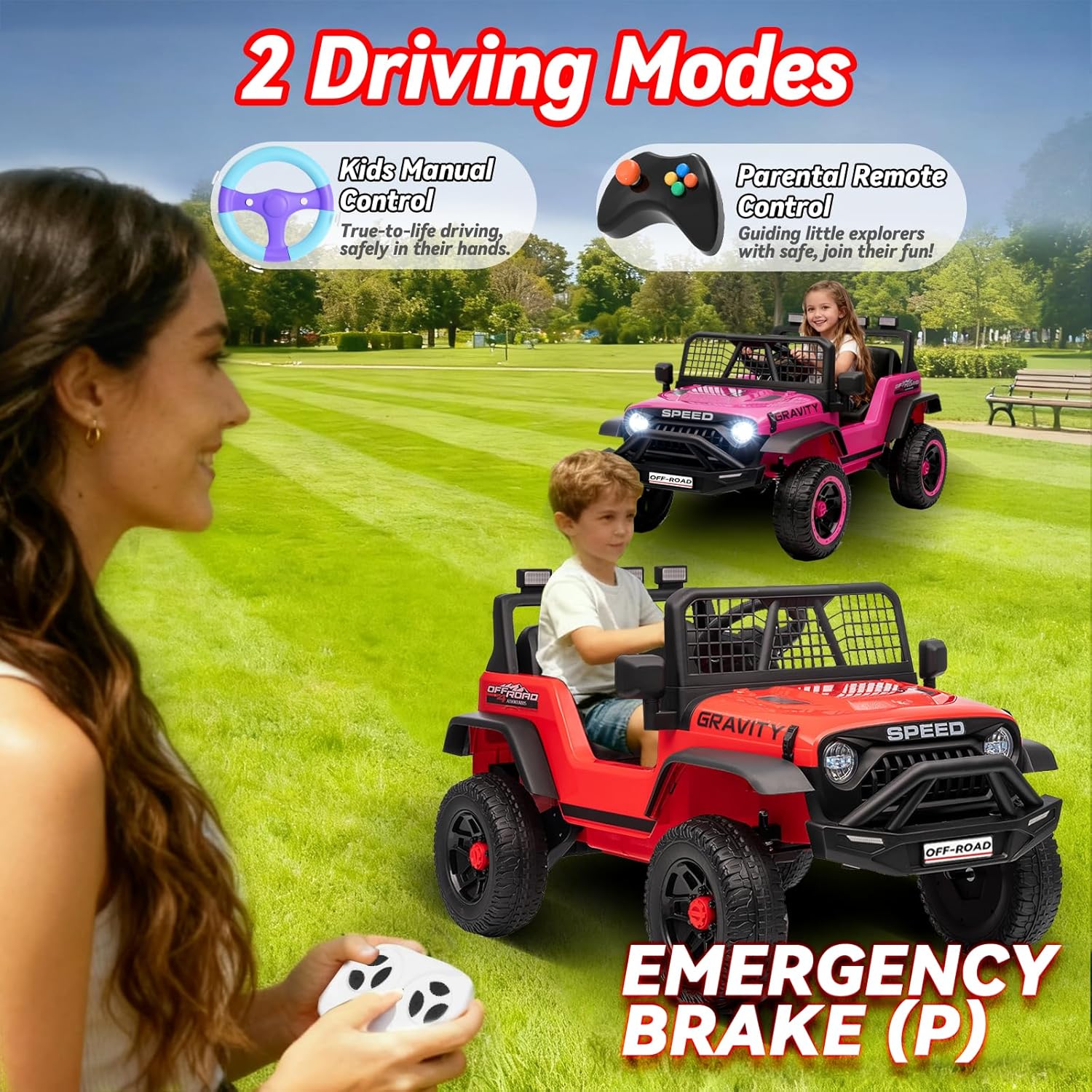 24V Ride on Toys w/Remote Control, 4WD Kids Ride on Truck Car, 3 Speed, Bluetooth Music, Wide Seat, Spring