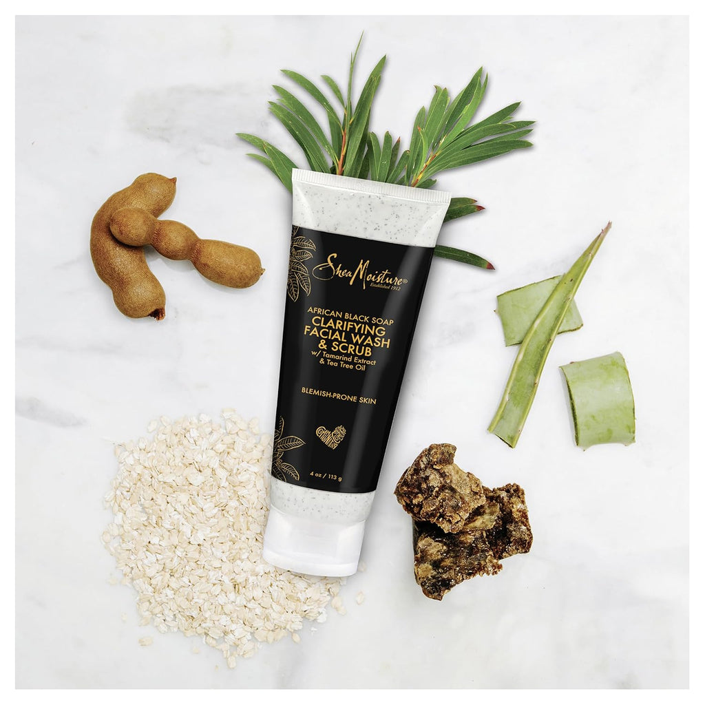 SheaMoisture Facial Wash and Scrub African Black Soap for Blemish Prone Skin to Clarify Skin 4 oz