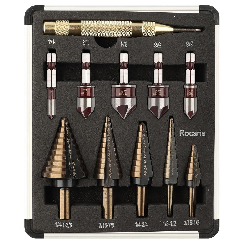 Rocaris 5 Pack Step Drill Bit & 5 Pack Countersink Drill Bit Set with Case