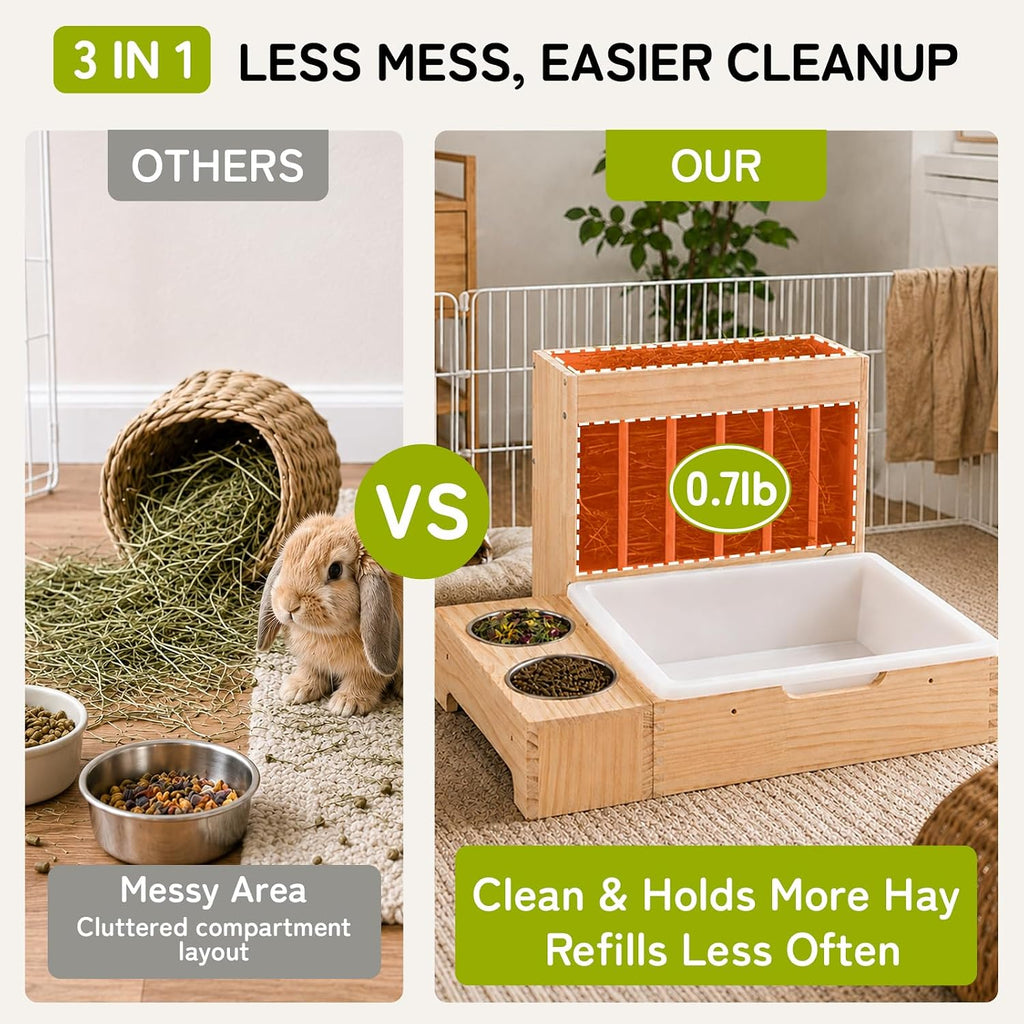 3-in-1 Rabbit Hay Feeder with Litter Box, Bowl Tray for Small Bunnies