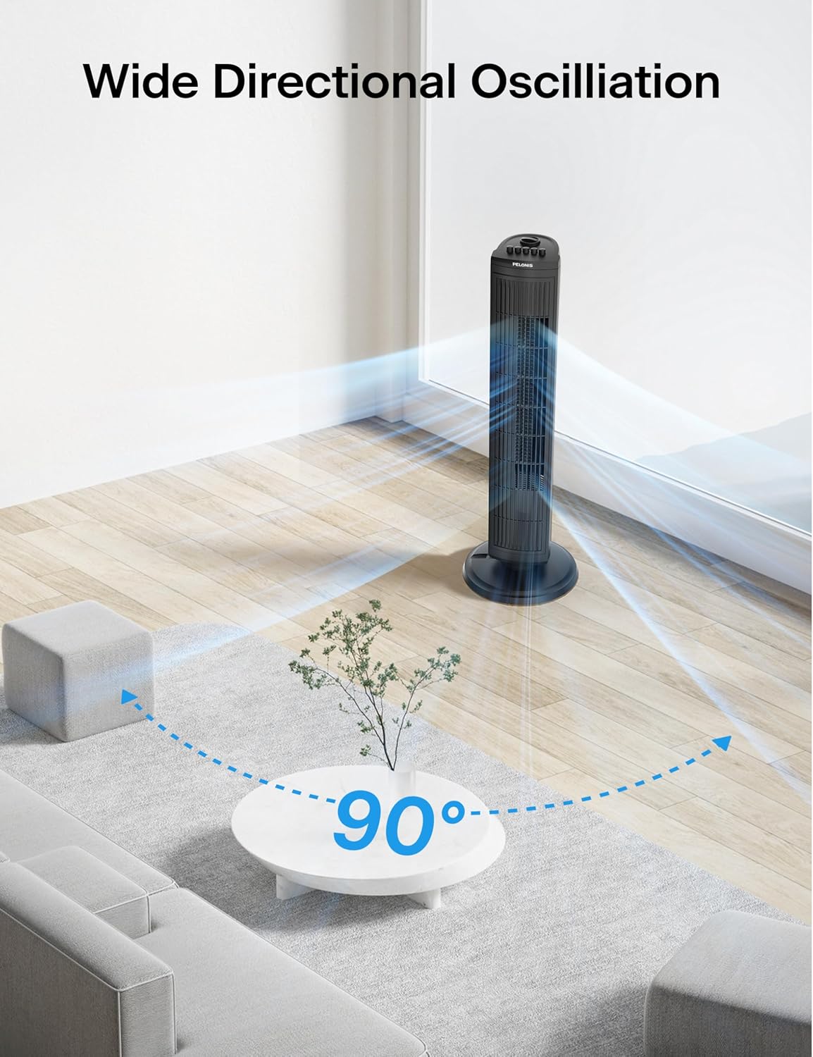 30 Inch Tower Fan for Bedroom, Quiet Oscillating Standing Fan with 3 Speeds, Portable Cooling Fan for Home Office