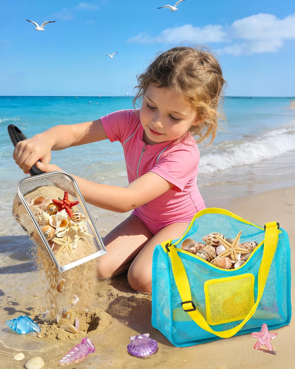 Beach Toys for Kids 24 Pcs Metal Sand Sifter Collapsible Beach Buckets Set | Stainless Steel Sand Shovel, Sandcastle
