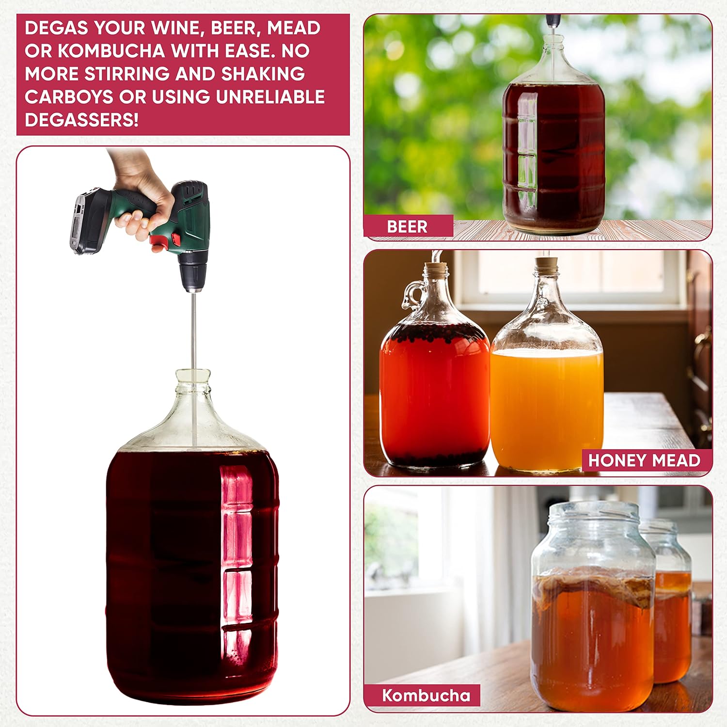 Wine Beer Degassing Stirrer for Wine Making 17.5” Stainless Steel 316 Drill Mixer Rod Attachment Wand w/Paddles |