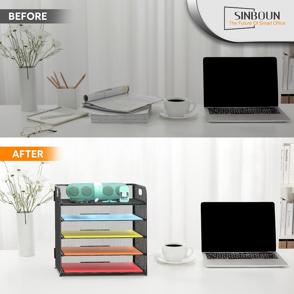 Letter Tray Paper Organizer 5-Tier Desk Organizer File Organizer Paper Holder with Handle, Metal Desktop Document