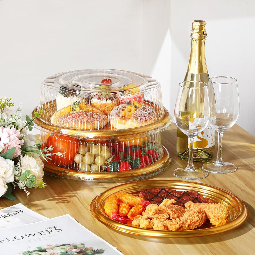 12 Pack Plastic Catering Trays with Lids, 16 Inch Round Gold