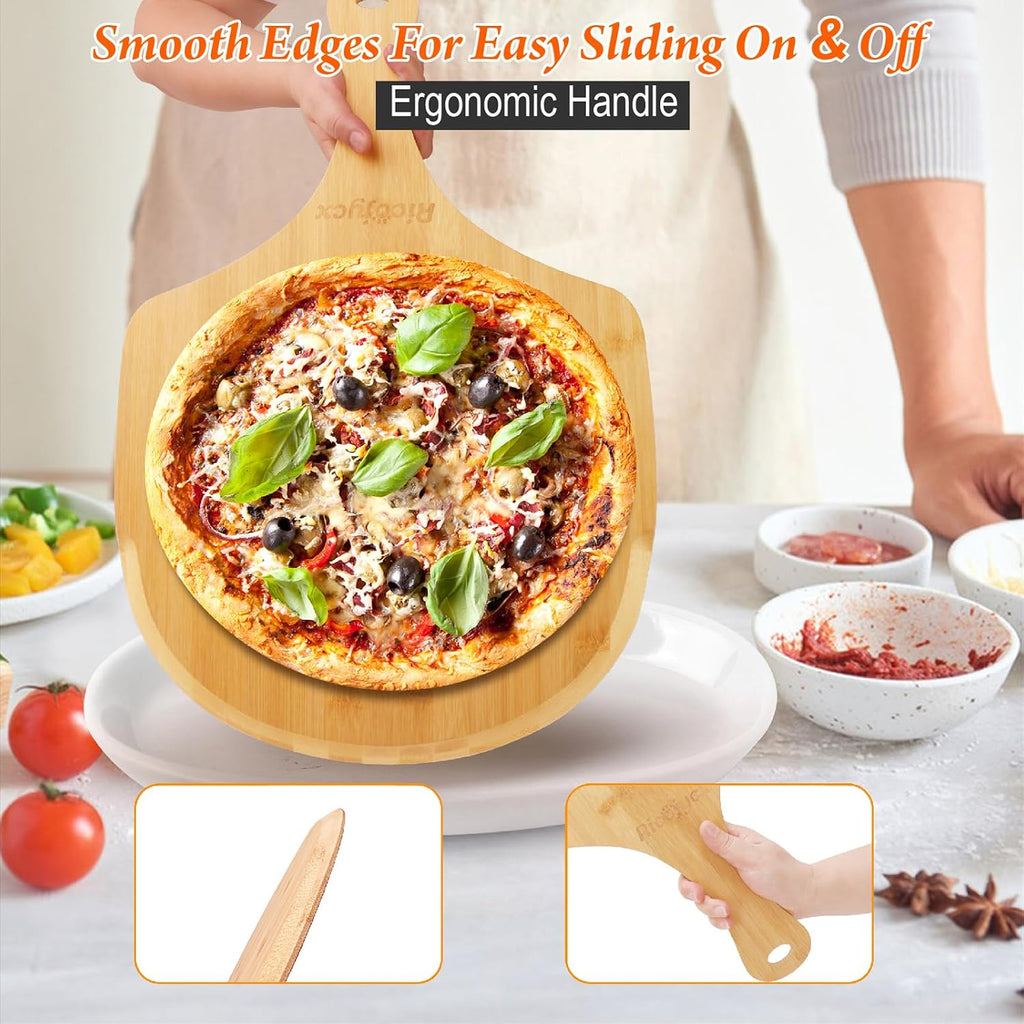Pizza Peel Set of 2, 14 Inch Natural Bamboo Pizza Paddle – Non-Stick Wooden Pizza Board for Oven, Cutting Board &