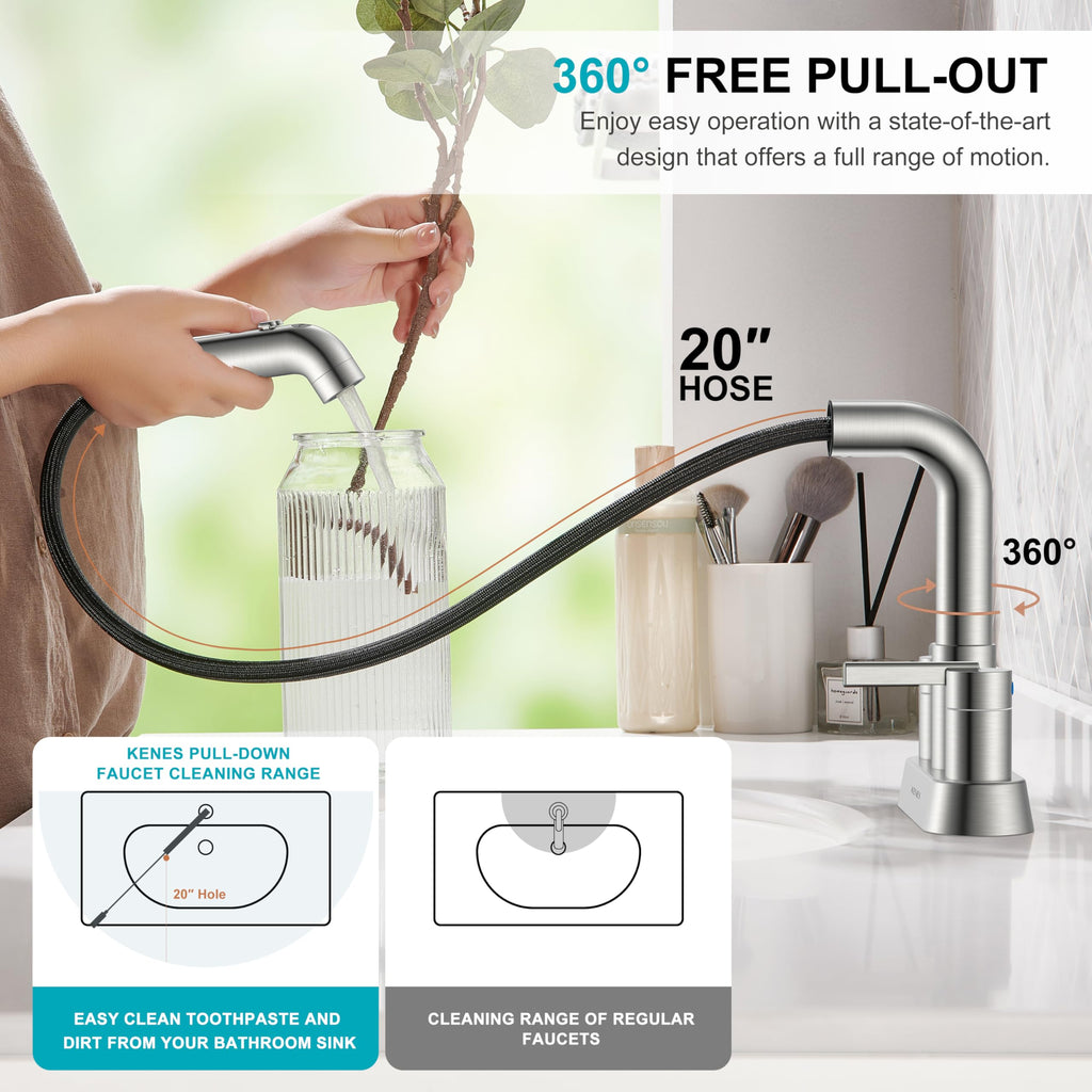 Brushed Nickel Pull Down Centerset Bathroom Faucet 2 Handle 3 Hole