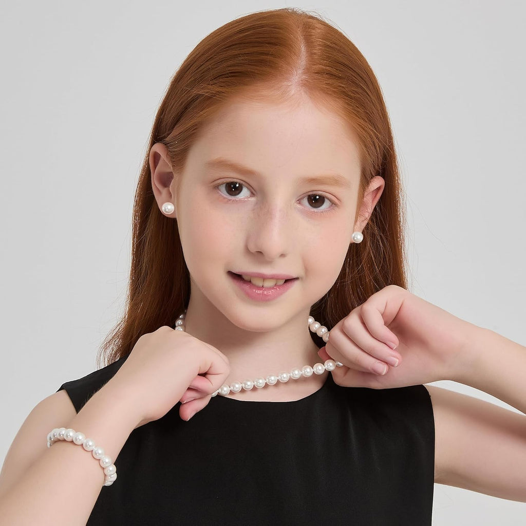 Pearl Necklace Set for Women and Girls, 8mm Glass Faux Pearl Includes Bracelet & Stud Earrings, 3-Piece Costume