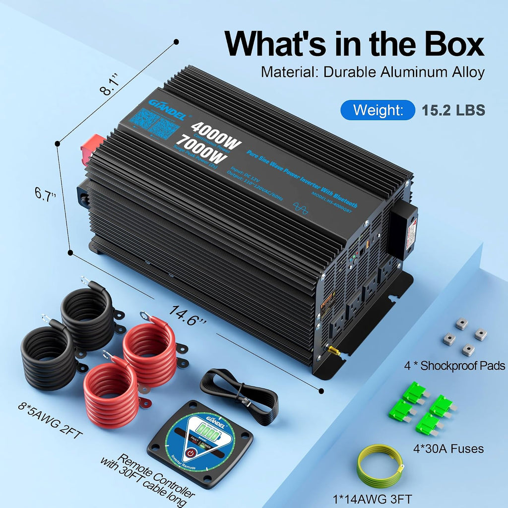 4000W Pure Sine Wave Power Inverter 12V to 120V AC,7000W Surge,Compatible with All 12V Batteries,Bluetooth
