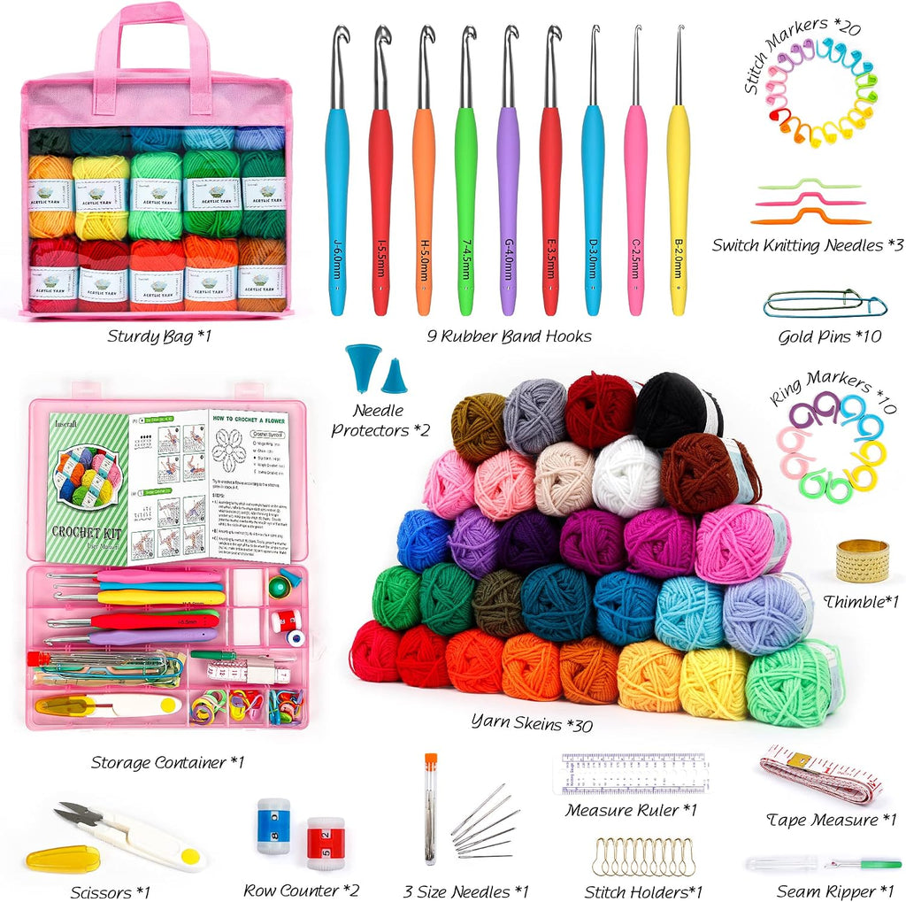 Crochet Yarn Kit for Beginners Adults and Kids, Includes 1650 Yards 30 Colors Acrylic Skeins, User Manual, Hooks