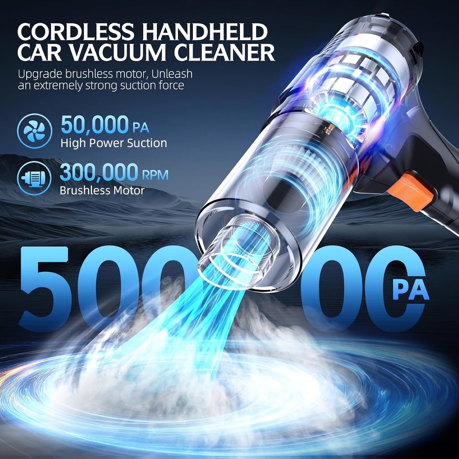 Car Vacuum Portable Cordless, 50000Pa Strong Suction Brushless Motor, Handheld Vacuum with 2 Batteries & Charger