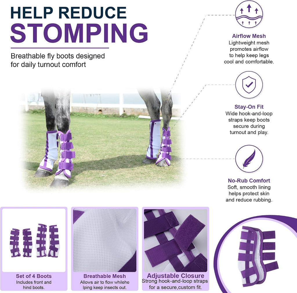 Horse Fly Boots Set of 4 - No-Rub Airflow Mesh Leggings to Reduce Stomping - Stay-on Breathable Horse Leg Wraps for