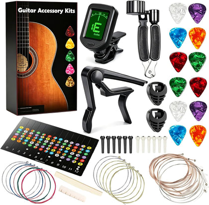 Essential Acoustic Guitar Kit: Tuner, Capo, 18 Strings & Tools | Includes 3-in-1 winder/cutter, 12 picks w/ 2