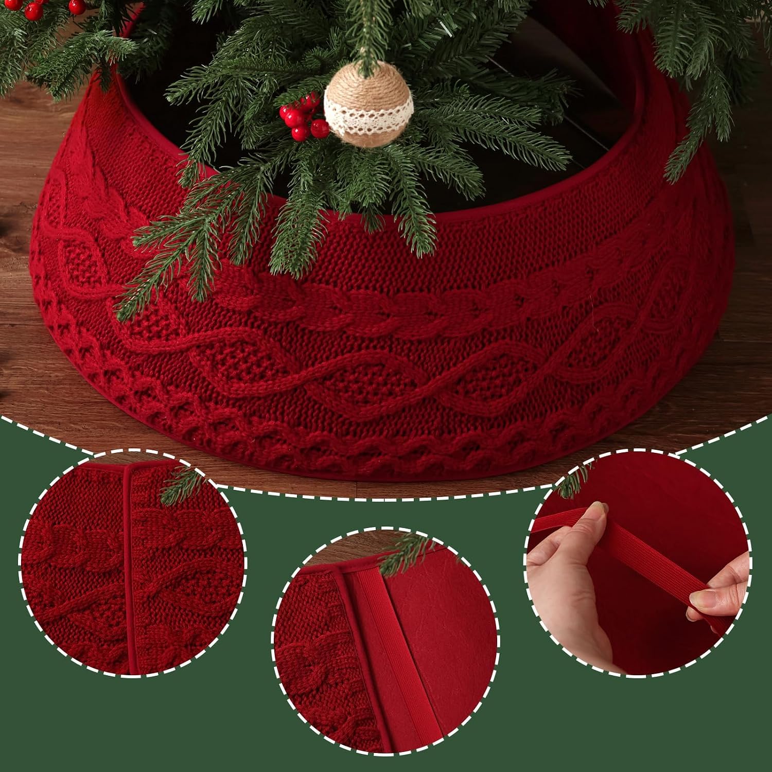 Knitted Christmas Tree Collar: Burgundy Cable Knit Styles Christmas Tree Collars for Artificial Trees, Crossed