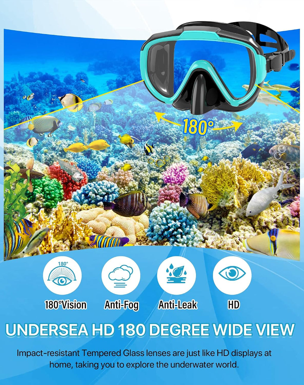 Snorkeling Gear for Adults Men Women,4 in 1 Snorkel Set with Panoramic View Diving Mask Anti-Fog Anti-Leak,Dry Top