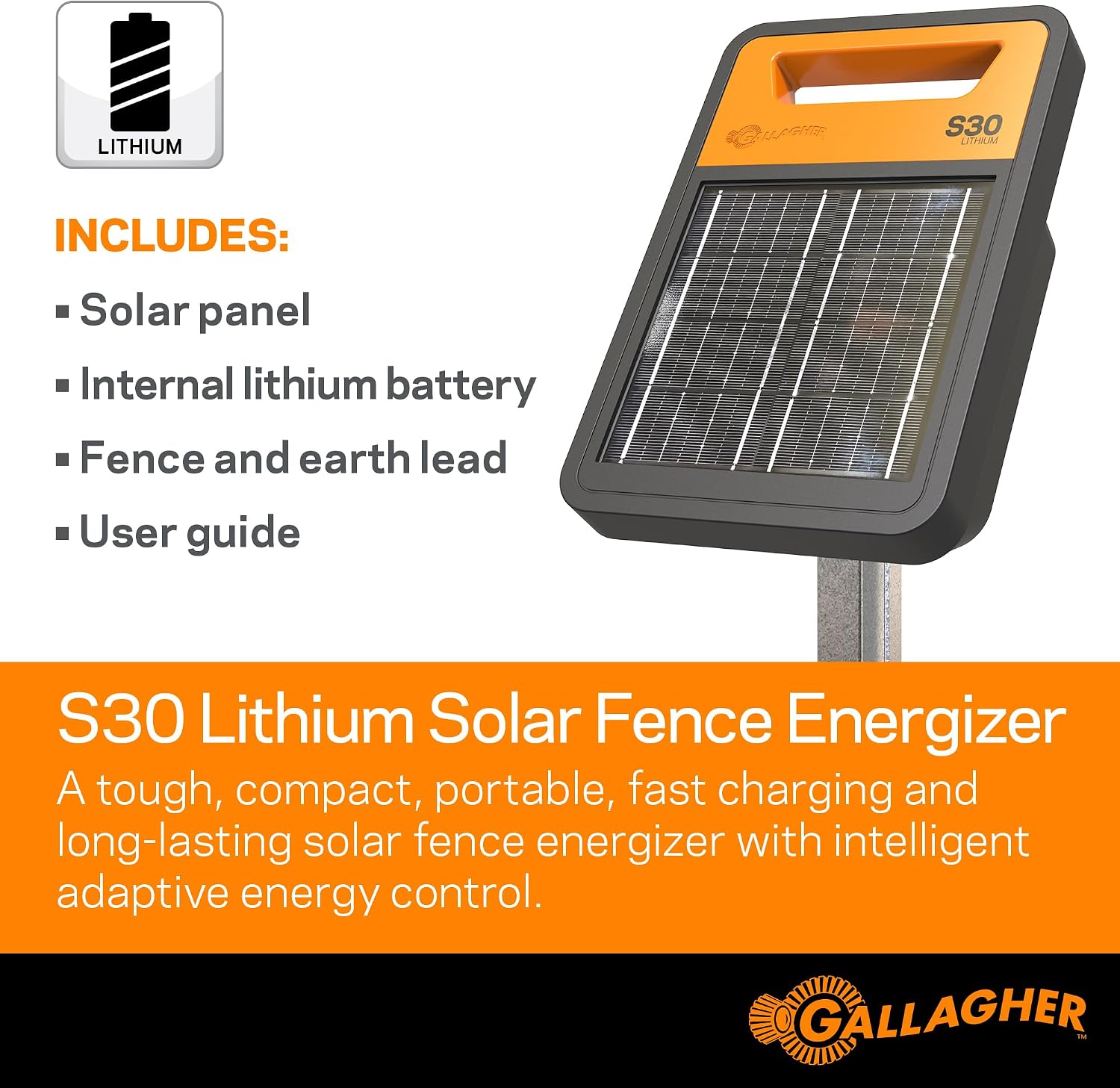 S30 Solar Electric Fence Charger | Solar Fence Energizer for Cattle, Horses, Goats, Small Pastures, Predator Control