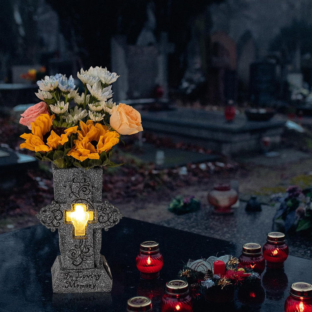 Solar Cemetery Vase with LED for Fresh/Artificial Flowers Grave Flower Cross Vase Headstones Vases with Spikes