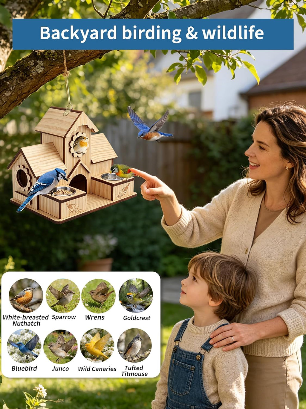 4-Hole Birdhouse for Outside with Feeding Tray, Cedar Wood