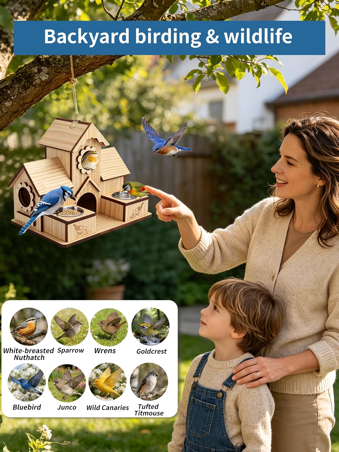 4-Hole Birdhouse for Outside with Feeding Tray, Cedar Wood