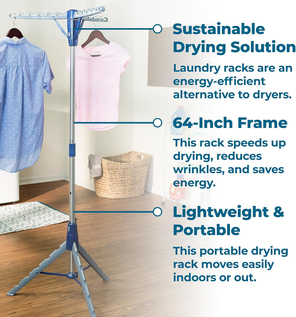 64-Inch Steel Tripod Clothes Drying Rack, Foldable Collapsible Laundry Stand with 3 Rotatable Arms, Holds 30 Hangers