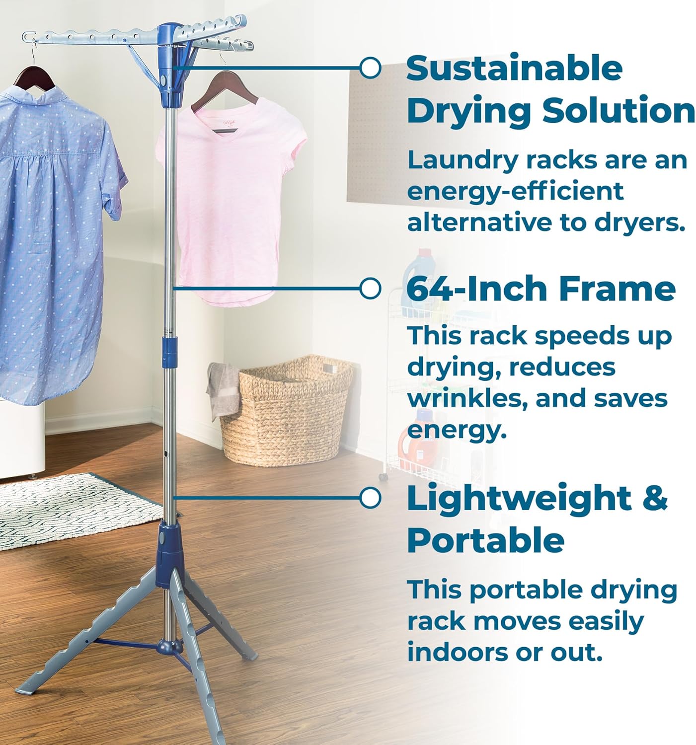 64-Inch Steel Tripod Clothes Drying Rack, Foldable Collapsible Laundry Stand with 3 Rotatable Arms, Holds 30 Hangers